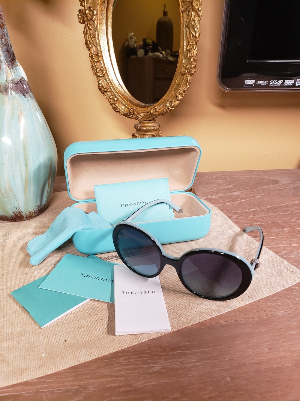 Tiffany Blue® Oval Sunglasses in Black Acetate w/ Silver Accents, All Inclusive - Picture 3 of 9